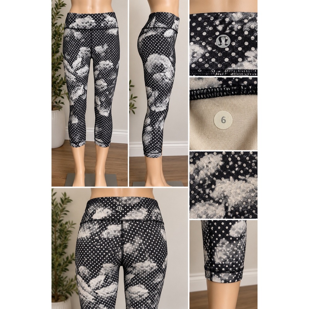 lululemon Wunder Under Crop Dottie Dream Leggings Size 6 Black White Cloud Polka